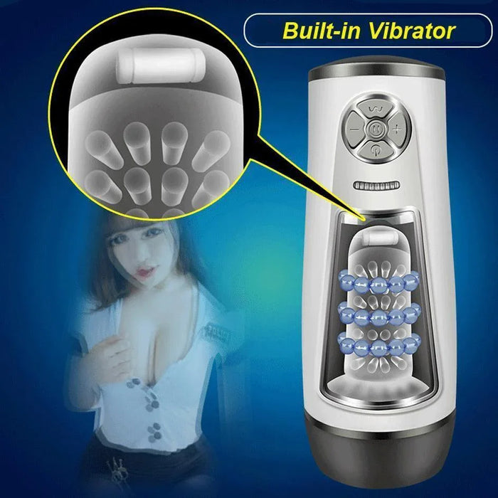 Automatic male stroker with built-in vibrator and textured interior, adult product