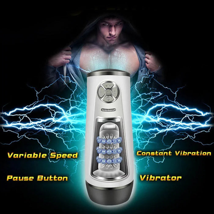Automatic male stimulator with LED buttons and internal rotating beads, highlighted features like variable speed and vibration, with electric effects in the background.