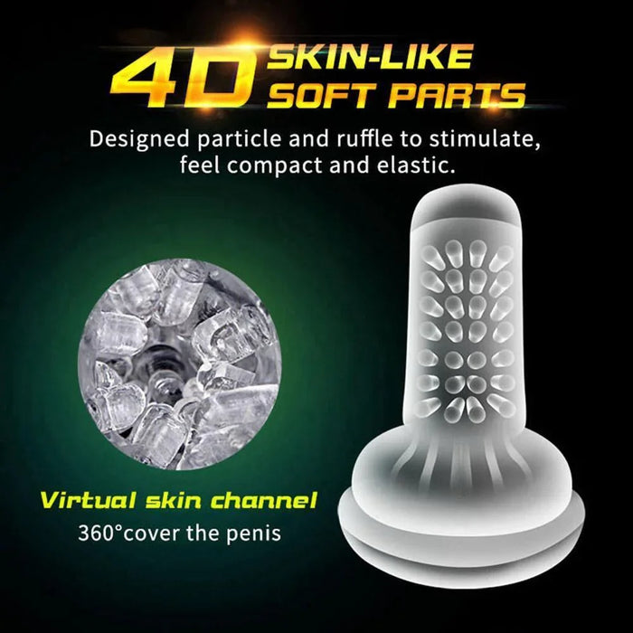 4D soft silicone sleeve with textured interior for male automatic toy, virtual skin channel design