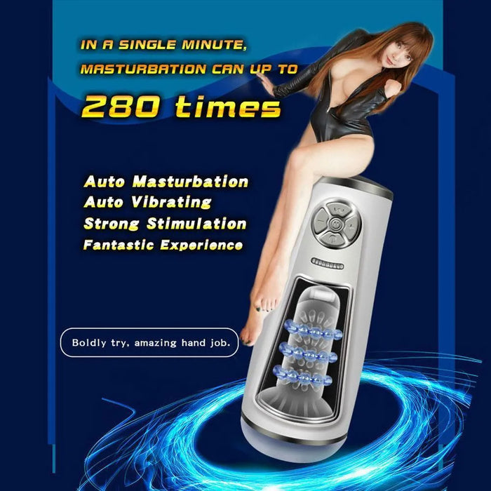 Automatic male stroker device with control panel and a digital figure, promoting powerful sensations and hands-free use.