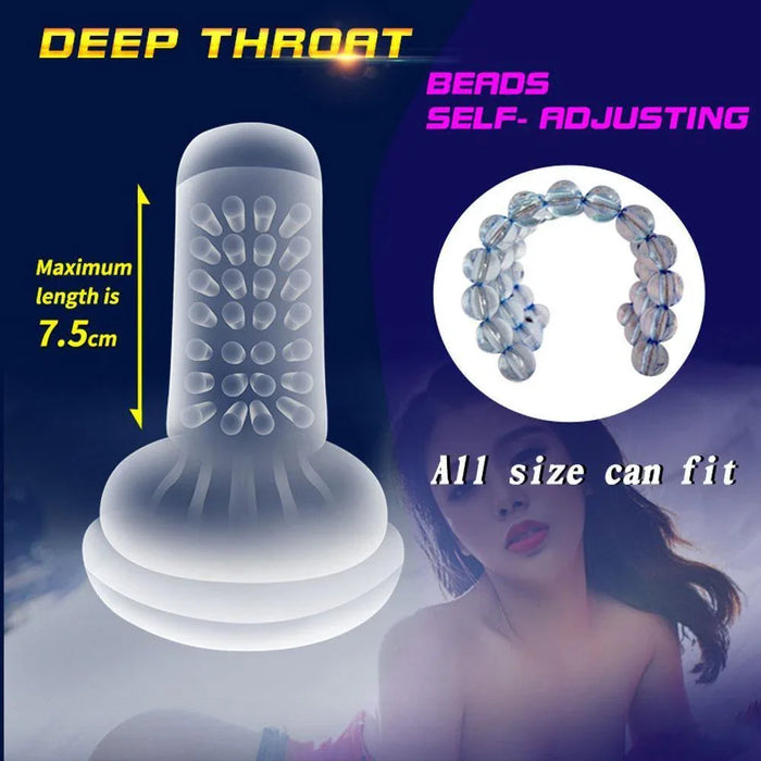 Clear silicone textured adult toy attachment with adjustable beads and product features highlighted.