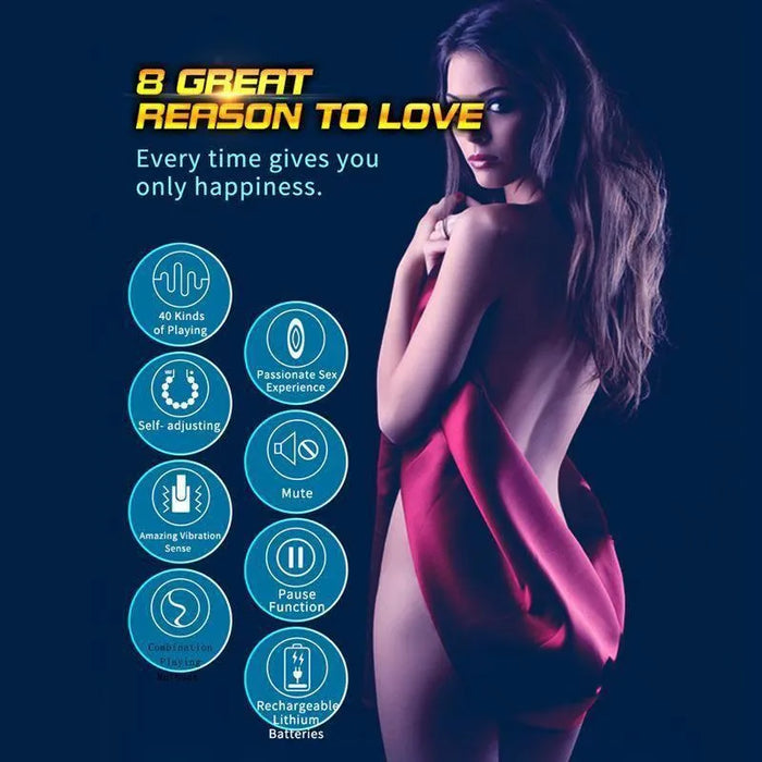 Woman wrapped in red satin with text highlighting features of an adult pleasure product.