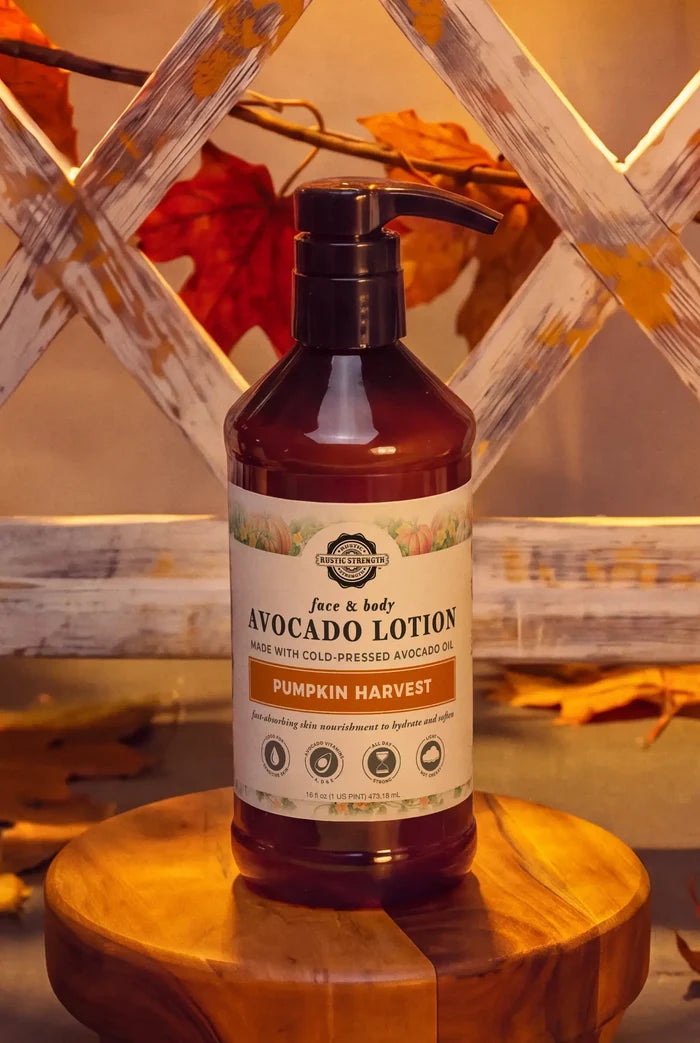Rustic Strength, Avocado Lotion, 16oz Plastic, Pumpkin Harvest with autumn background