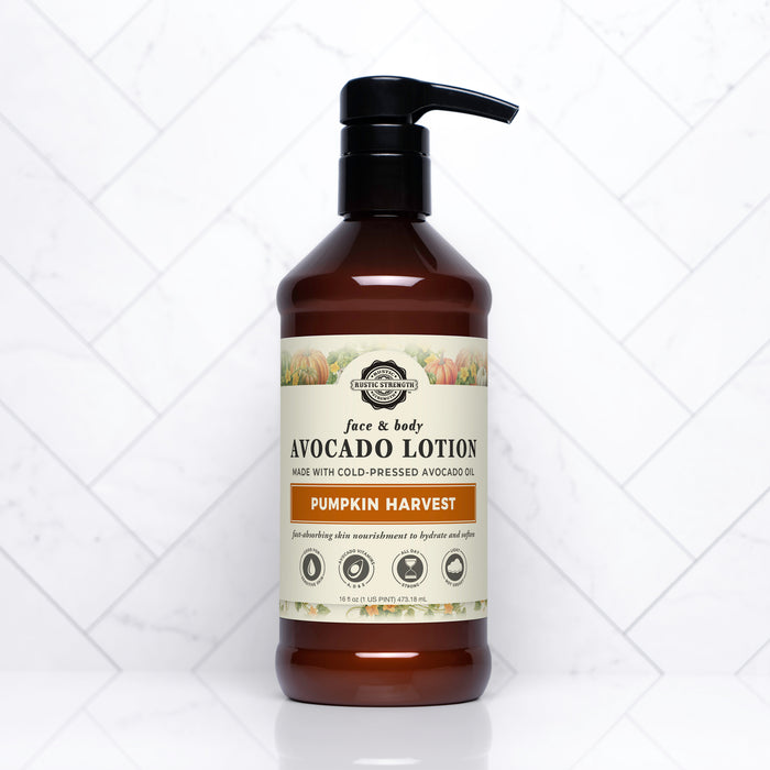 Rustic Strength, Avocado Lotion, 16oz Plastic bottle with pump, Pumpkin Harvest
