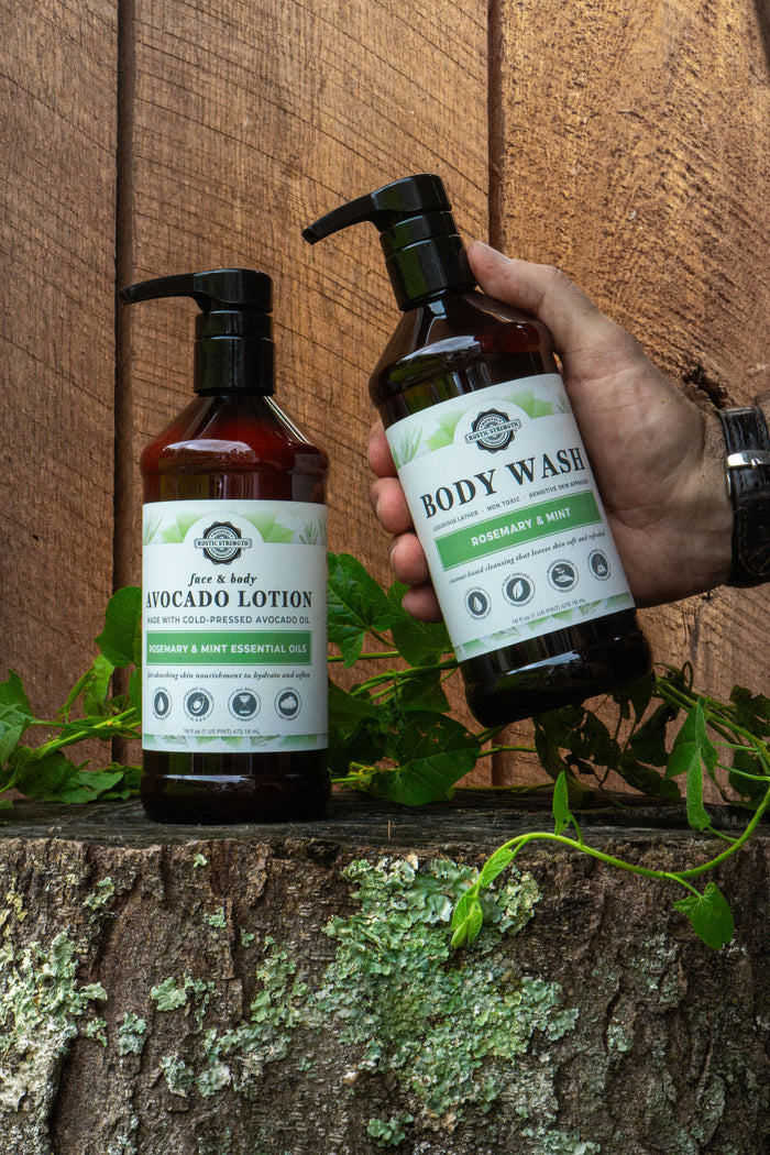 Rustic Strength, Rosemary Mint Body Wash and Avocado Lotion, 16oz Plastic