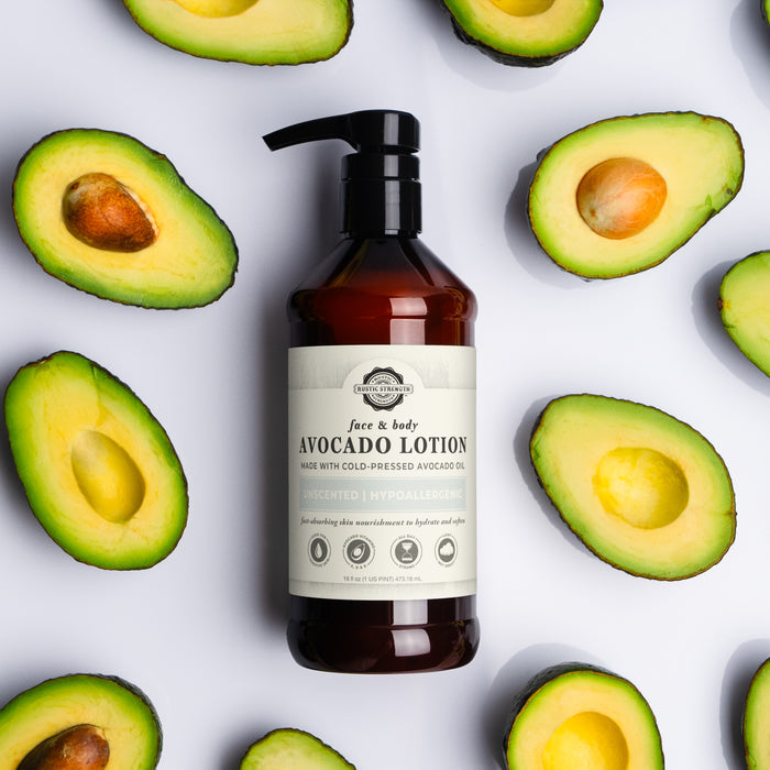 Rustic Strength, Avocado Lotion, 16oz Plastic, Unscented with avocado in the background