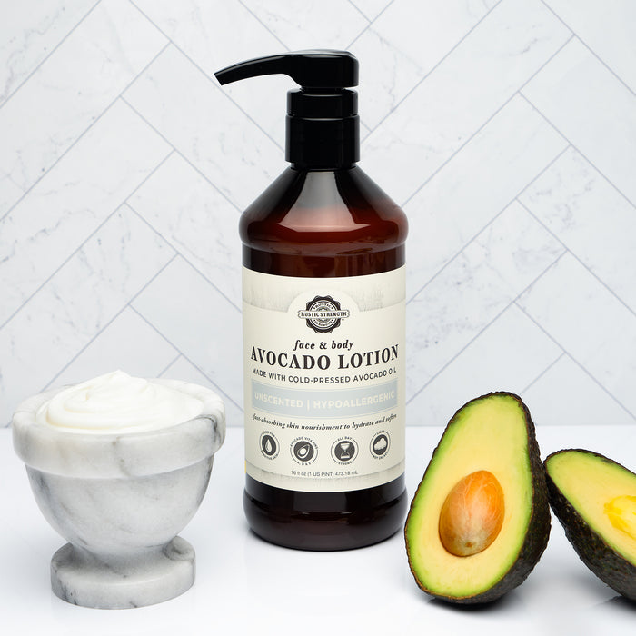 Rustic Strength, Avocado Lotion, 16oz Plastic, with marble dish with lotion and avocado