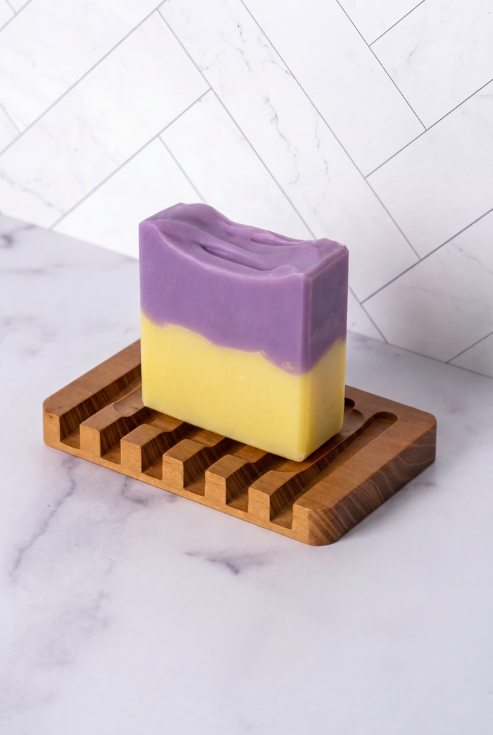 Rustic Strength - Bar Soap | 3.5 oz | Lavender & Lemon sitting on a teak tray