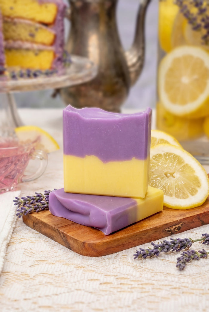 Rustic Strength - Bar Soap | 3.5 oz | Lavender & Lemon lifestyle image with lavender sprigs and lemon slices