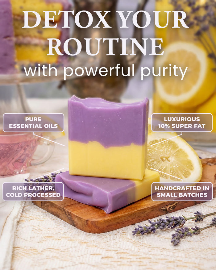 Rustic Strength, Purple and yellow layered handmade soap bars with lavender and lemon. Text: 'Detox your routine with powerful purity.' Features: pure essential oils, 10% super fat, cold processed, small batch.
