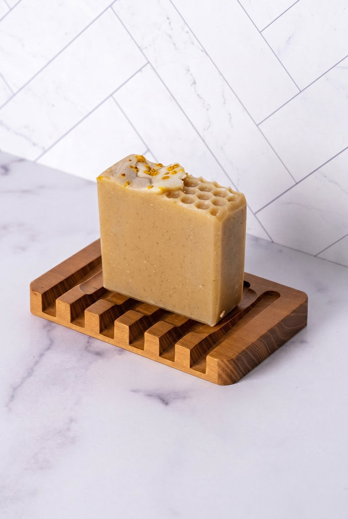 Rustic Strength - Bar Soap | 3.5 oz | Milk & Honey on a teak tray