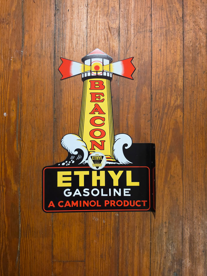 Beacon Ethyl Gasoline Lighthouse metal sign featuring a side mounting flange. Double sided. Made in the USA