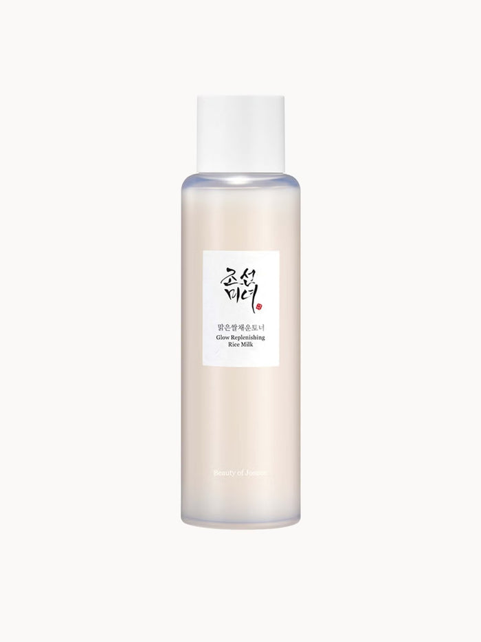 Bottle of Beauty of Joseon Glow Replenishing Rice Milk Toner in 150ml transparent bottle with a white cap, placed on a white background.