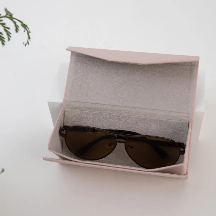Beige Leather Hard Shell Folding Sunglasses Case