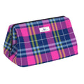 Plaid pouch with a visible brand logo on a white background