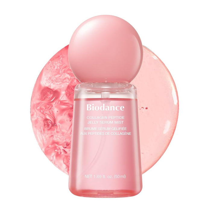 Biodance Collagen Peptide Jelly Serum Mist 50ml, clear bottle with pump dispenser, showing glossy serum inside.