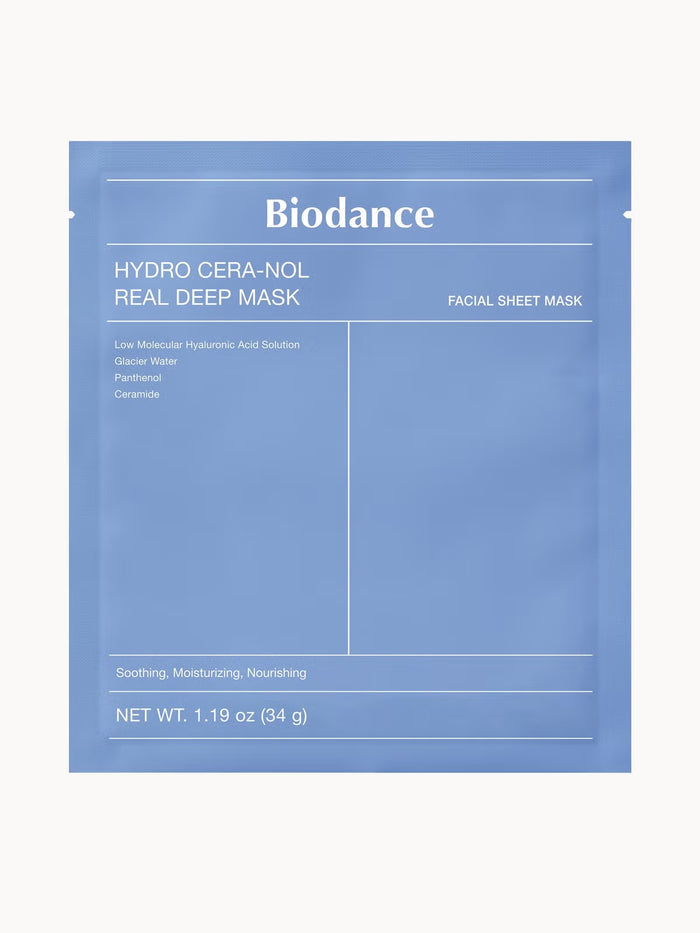 Biodance Hydro Cera-nol Real Deep Mask pack showing four skin care masks for deep hydration and skin rejuvenation.