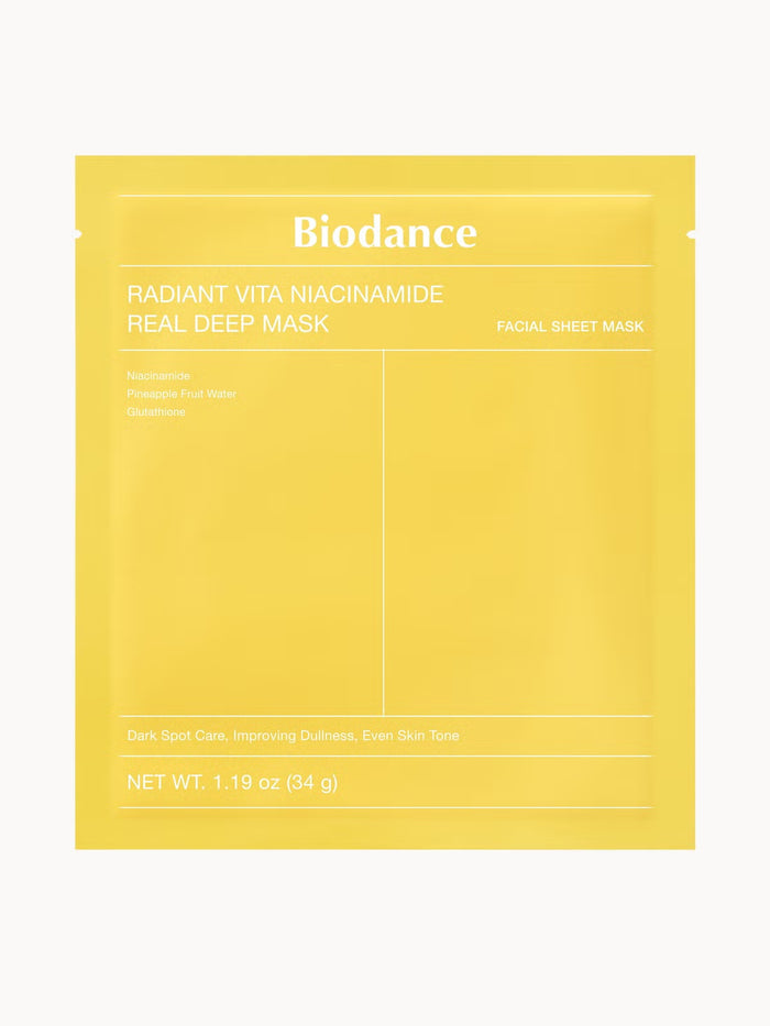 Biodance Radiant Vita Niacinamide skin care masks and peels, four-pack, showing individual mask sheets with vibrant packaging.