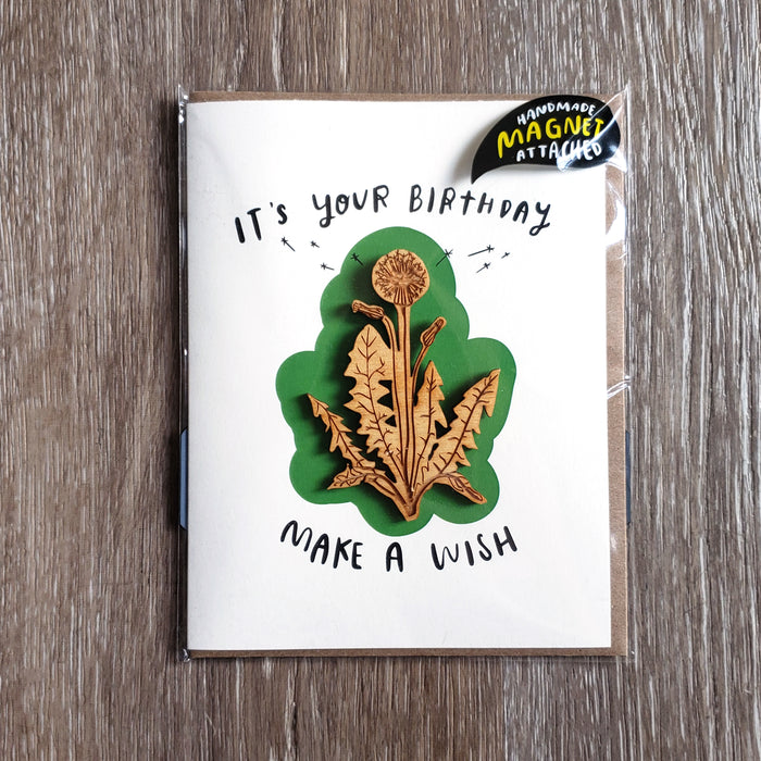 "Birthday Wish" Dandelion Wooden Magnet + Greeting Card