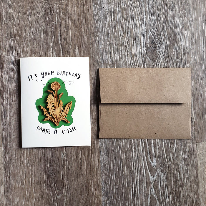 "Birthday Wish" Dandelion Wooden Magnet + Greeting Card
