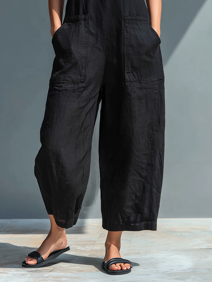 Black Minimalist Faux Linen Button-down Collar Sleeveless Loose-fitting Jumpsuit