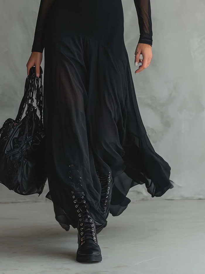 Black Tulle Patchwork Maxi Dress