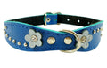 Blue Genuine leather Designer Dog Collar 11"x3/4" with Studs, Daisy, and Rhinestone