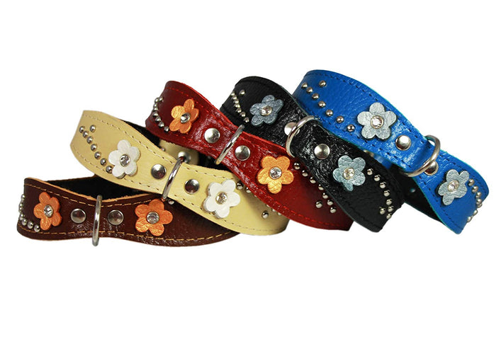 Blue Genuine leather Designer Dog Collar 11"x3/4" with Studs, Daisy, and Rhinestone