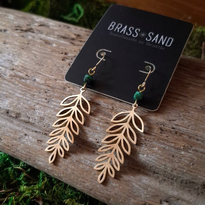 Brass and Malachite Leaf Dangle Earrings