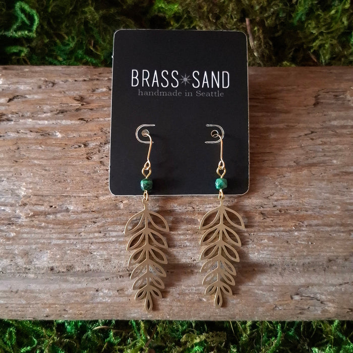 Brass and Malachite Leaf Dangle Earrings