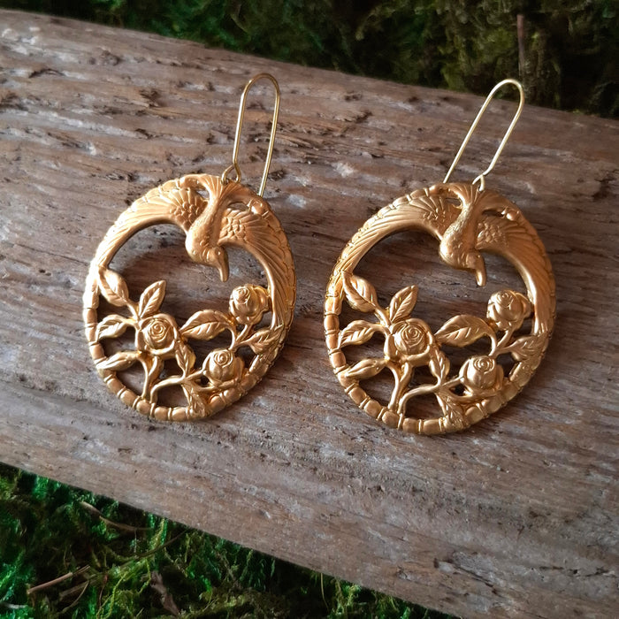Brass Birds & Roses Dangle Earrings