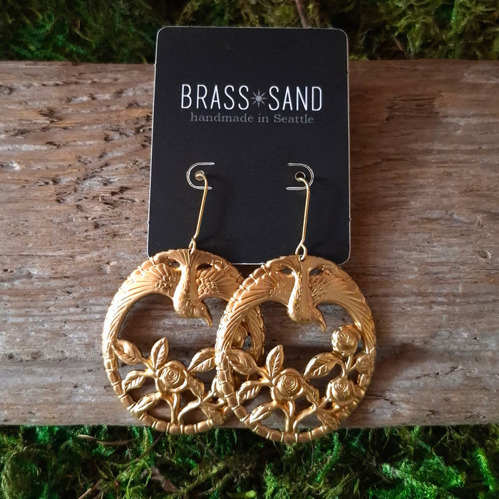 Brass Birds & Roses Dangle Earrings