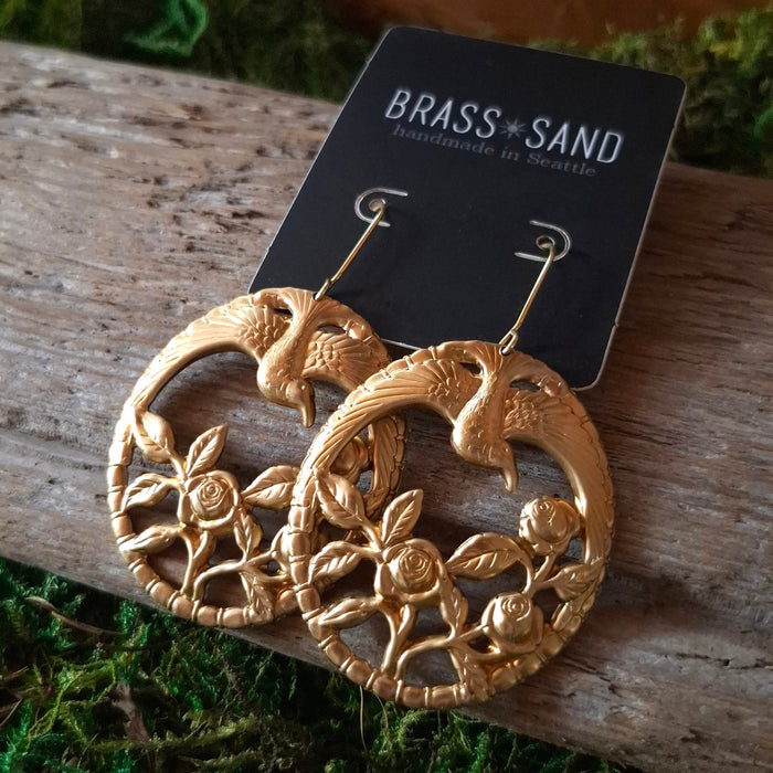Brass Birds & Roses Dangle Earrings