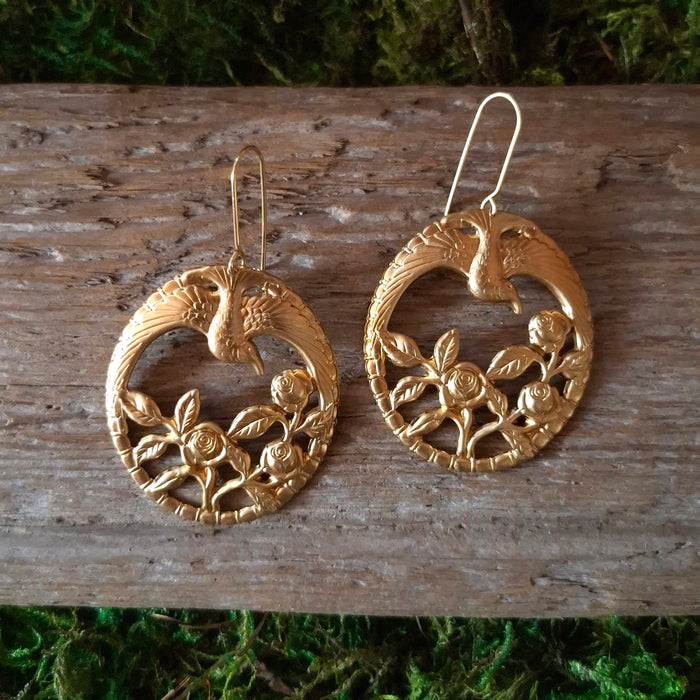 Brass Birds & Roses Dangle Earrings