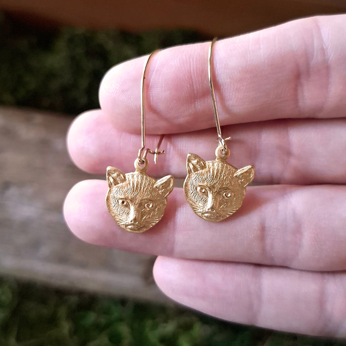 Brass Cat Face Dangle Earrings