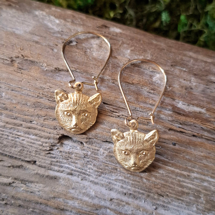 Brass Cat Face Dangle Earrings