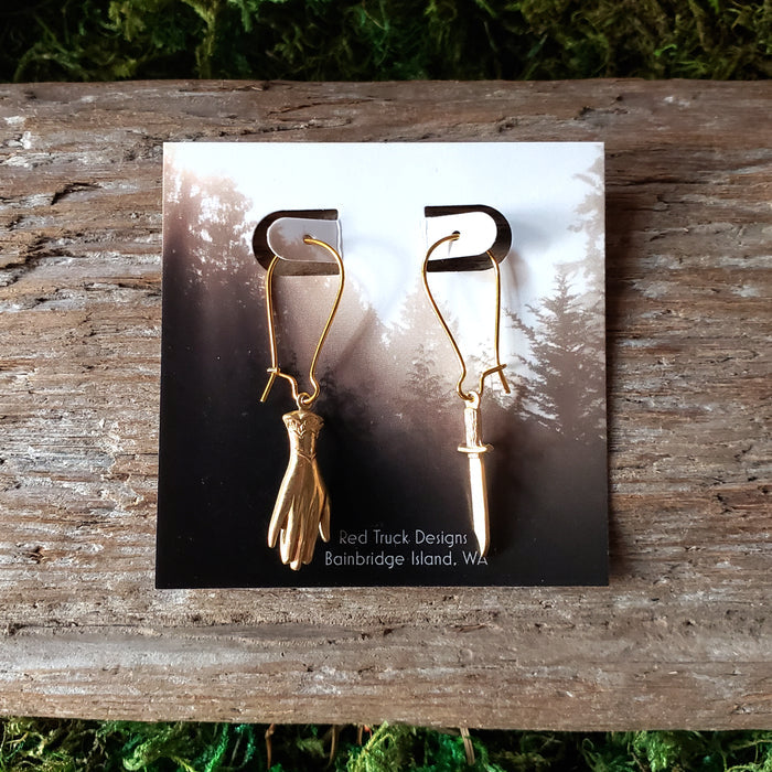 Brass Hand and Dagger Dangle Earrings