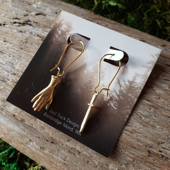 Brass Hand and Dagger Dangle Earrings