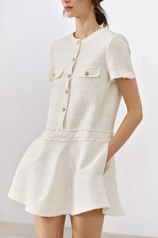 Brit & Boho™ I Lalaine Gold Button Short Sleeve Pocketed Mini Dress Brit & Boho | Fashion & Boutique