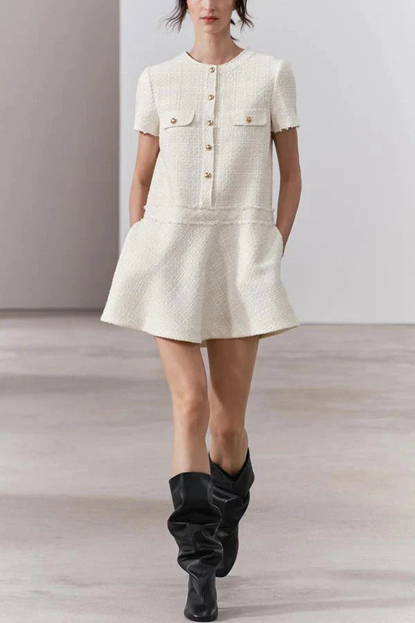 Brit & Boho™ I Lalaine Gold Button Short Sleeve Pocketed Mini Dress Brit & Boho | Fashion & Boutique