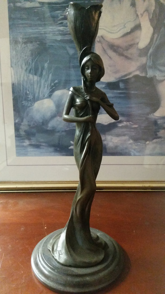 Bronze Candle Holder - Lady Holding Rose-Jantiques LLC.