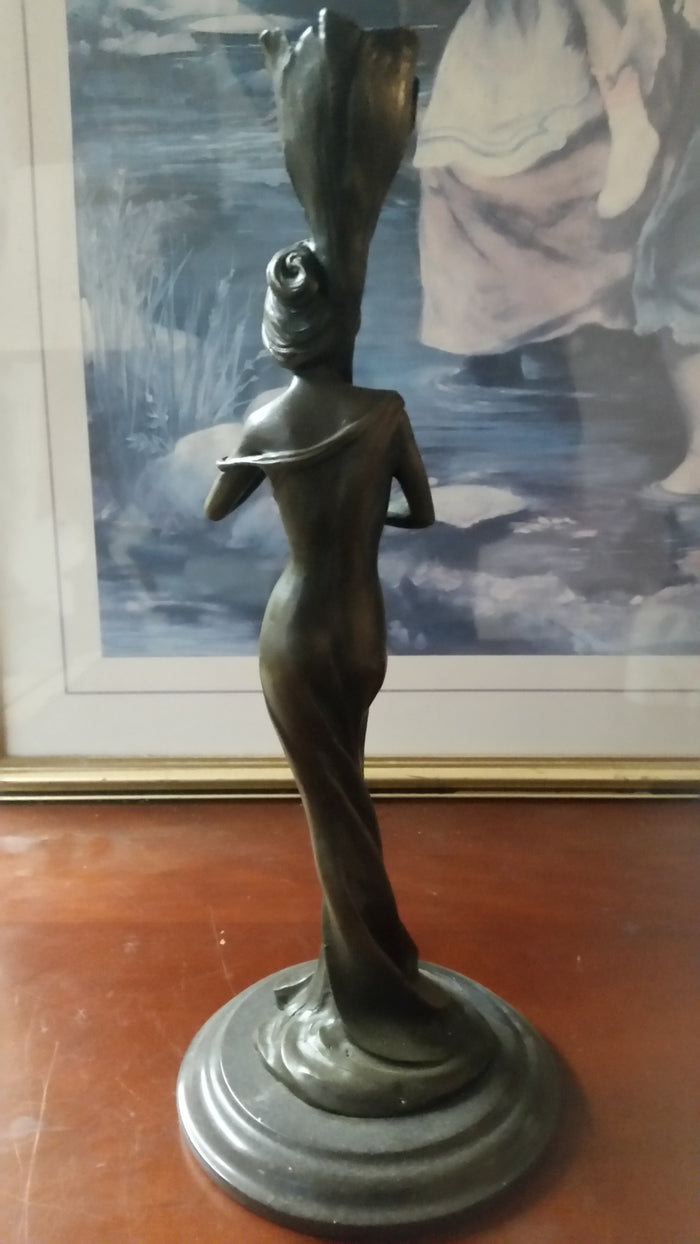 Bronze Candle Holder - Lady Holding Rose-Jantiques LLC.