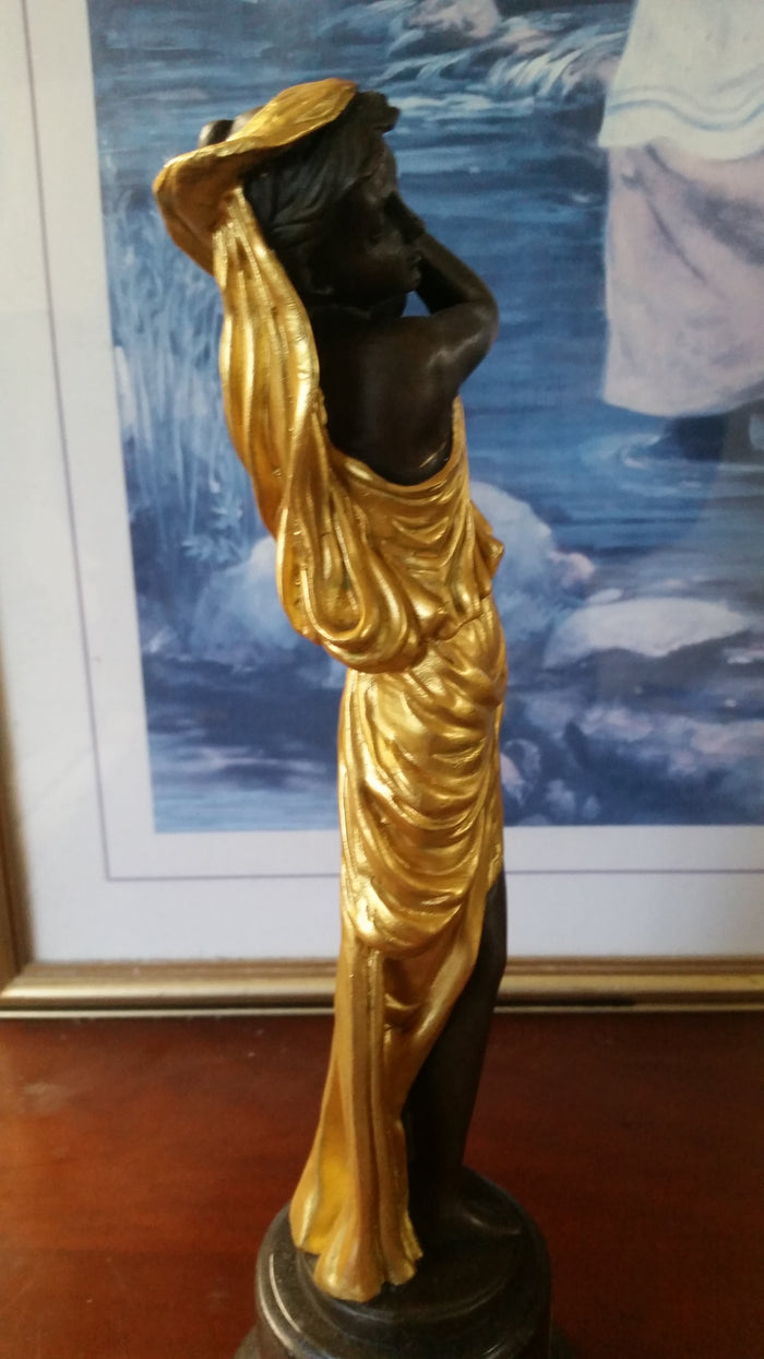 Bronze Figurine - Lady on Gold Gilded w/ Urn on Left-Jantiques LLC.