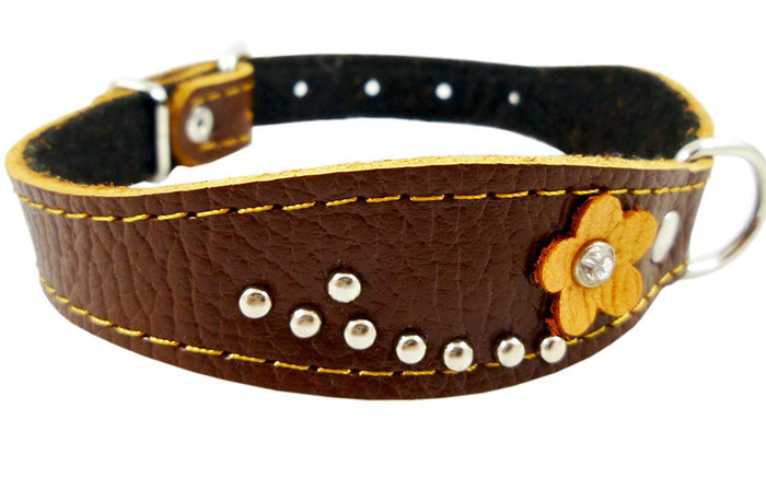 Brown Genuine leather Designer Dog Collar 11"x3/4" with Studs, Daisy, and Rhinestone
