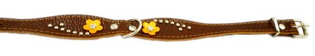 Brown Genuine leather Designer Dog Collar 11"x3/4" with Studs, Daisy, and Rhinestone