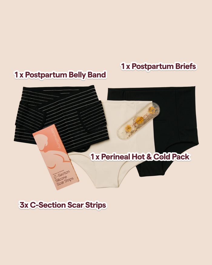 MammaBump C-Section Recovery Bundle contents: Postpartum Belly Band, one Postpartum Soothing Brief, Perineal Hot & Cold Therapy Pack, and C-section scar strips for c-section birth recovery
