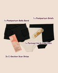 MammaBump C-Section Recovery Bundle contents: Postpartum Belly Band, one Postpartum Soothing Brief, Perineal Hot & Cold Therapy Pack, and C-section scar strips for c-section birth recovery
