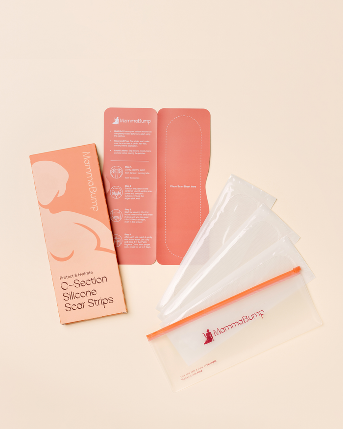 MammaBump C-Section Silicone Scar Strips packaging with three reusable strips in branded hygiene pouches for long-term cesarean scar care