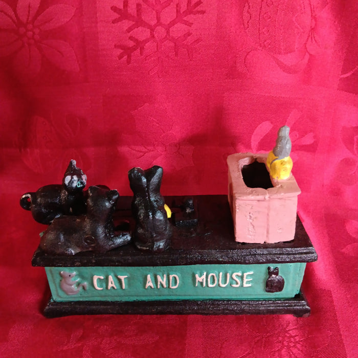 Cat and Mouse Cast Iron Mechanical Coin Bank-Jantiques LLC.