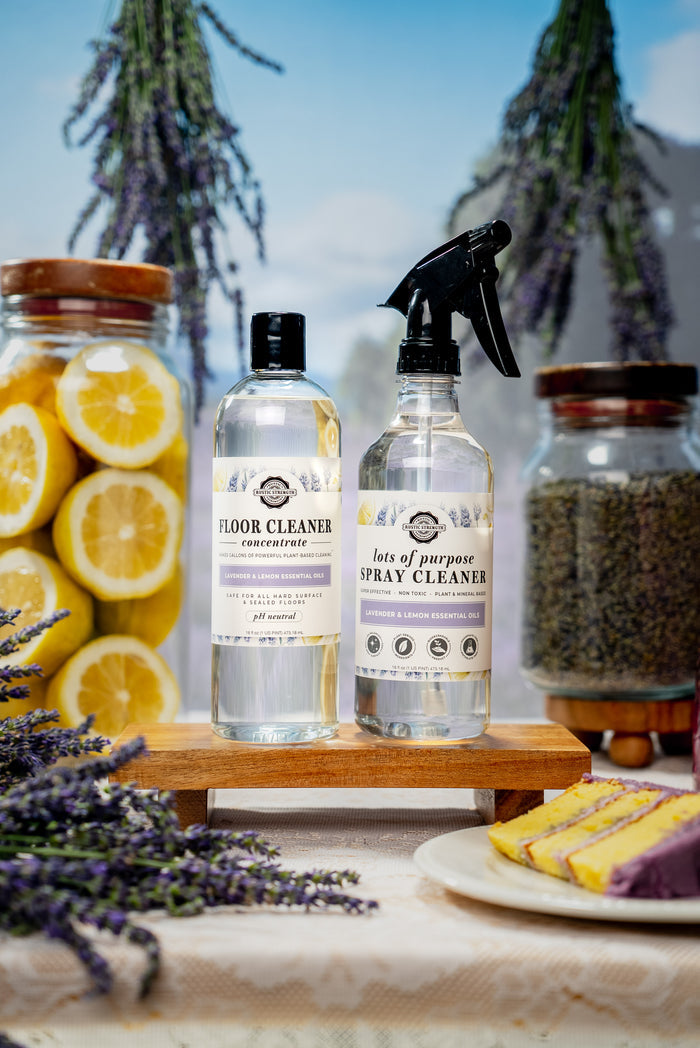 Rustic Strength - Cleaning Duo: photoshoot image of 16 oz Plastic Lavender & Lemon Floor Cleaner and Lots of Purpose Spray